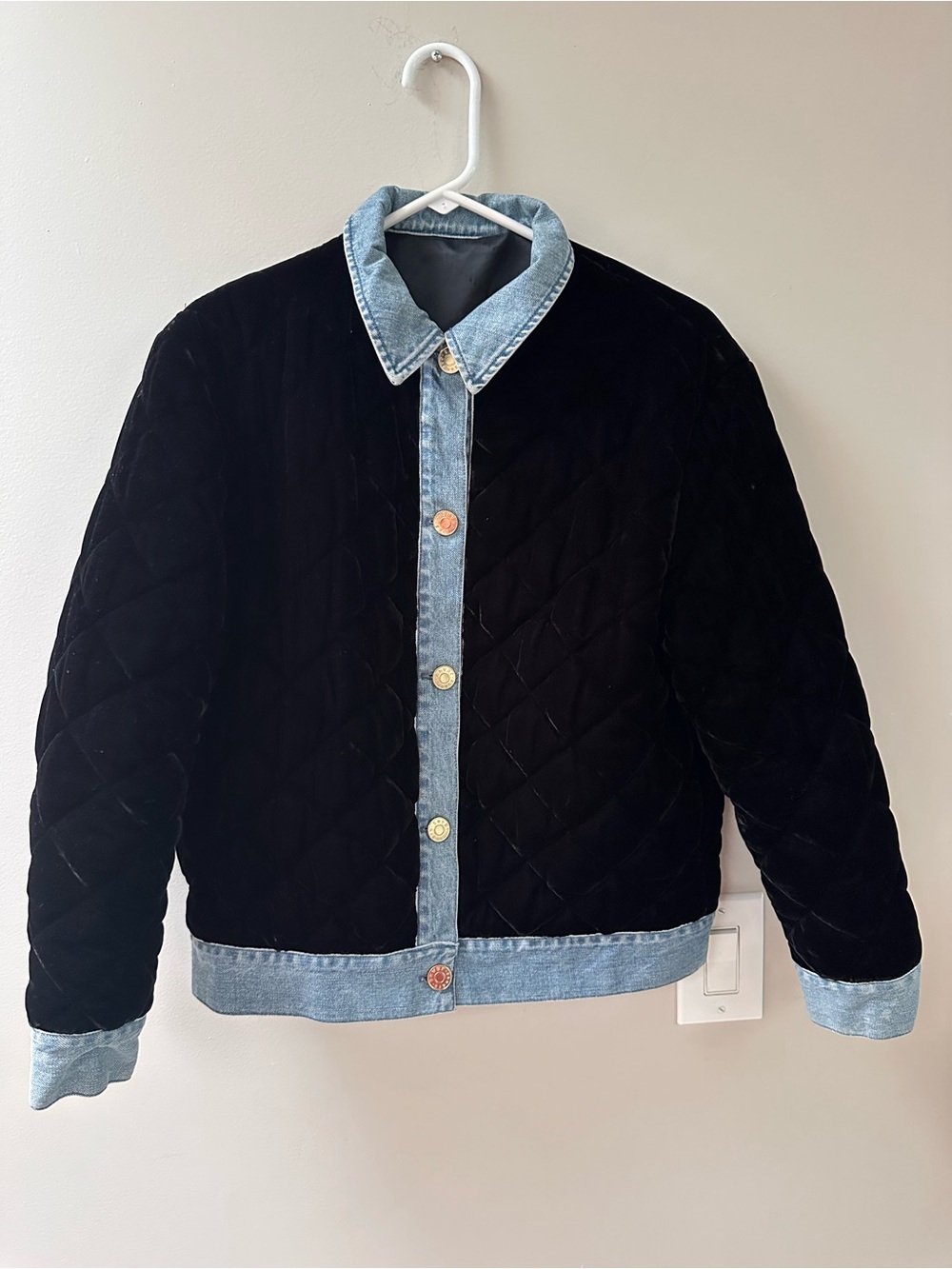 Sandro Black Velvet Jacket with Denim Trim